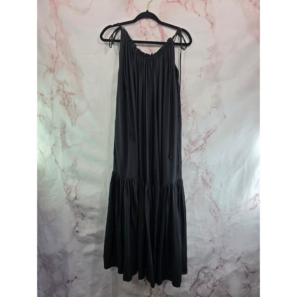 Natalie Martin Dress Womens Medium 8 10 Black Silk Maxi Midi Tank Tie Sleeve